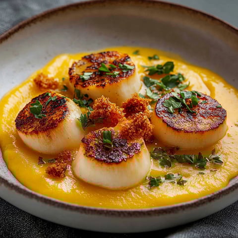 A bowl of food with a scallop on top.