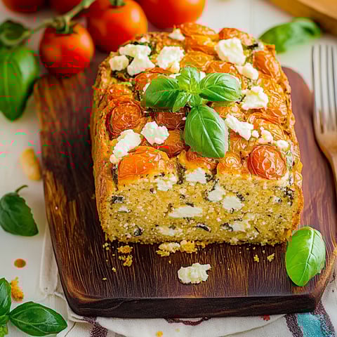 A slice of cake with tomatoes, feta cheese, and basil on a wooden cutting board.