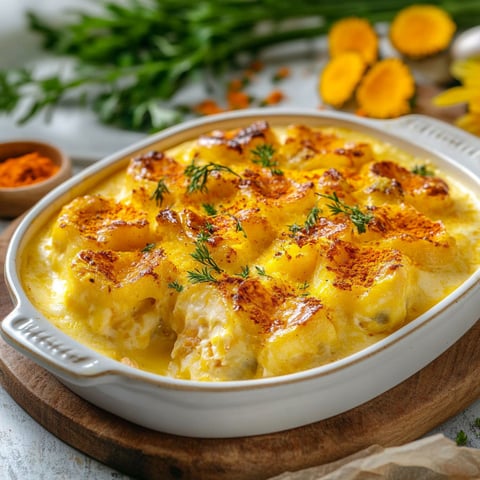 A dish of food with a yellow sauce and herbs on top.