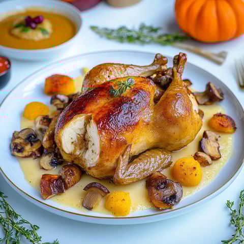 A plate of food with a chicken and mushrooms.