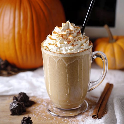 A glass of pumpkin spice latte with whipped cream.