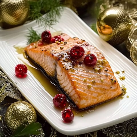 A plate of grilled salmon with mushrooms and cherries.