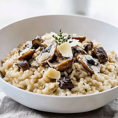 A bowl of rice with mushrooms and cheese.