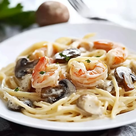 A plate of spaghetti with shrimp and mushrooms.