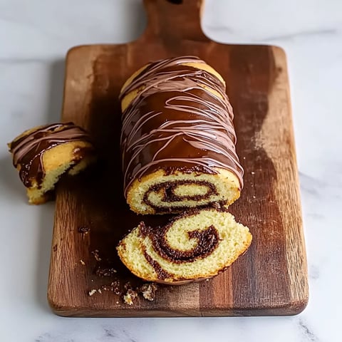 A slice of a roll with chocolate on it.