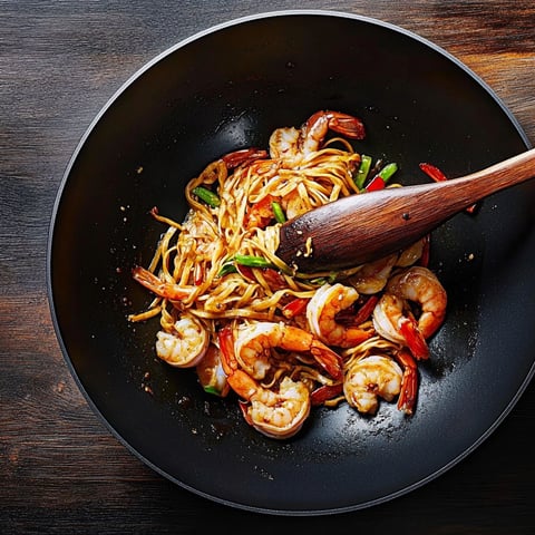 A wok full of shrimp and noodles.