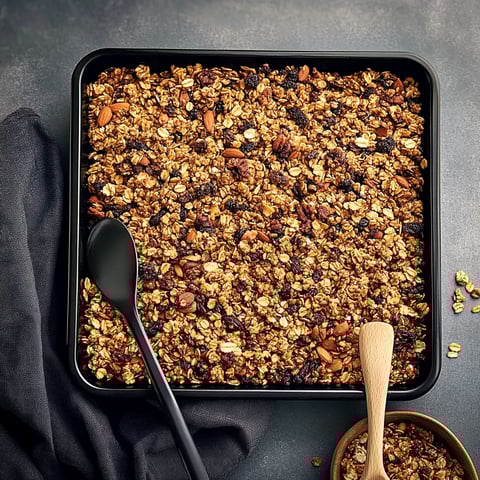 A black bowl of granola with a spoon in it.