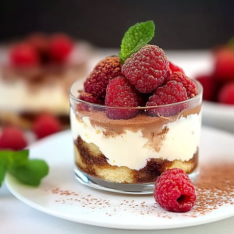 A small glass of Tiramisu with raspberries on top.