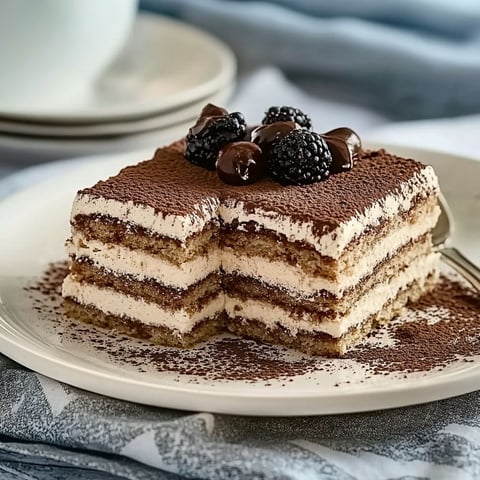 A slice of cake with chocolate and blackberries on top.