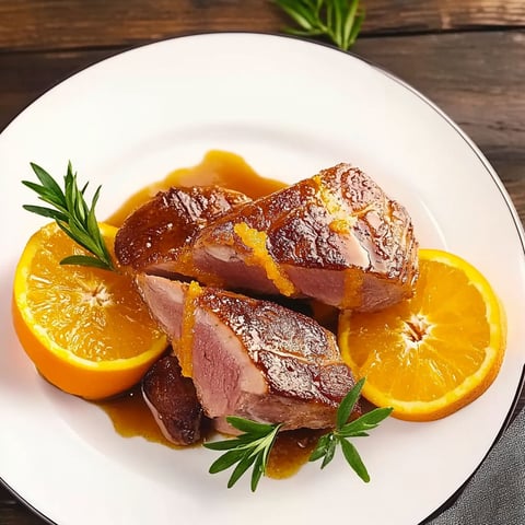 A plate of meat with orange sauce and orange slices.