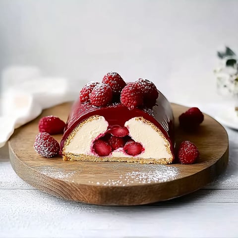 A cake with raspberries on top.