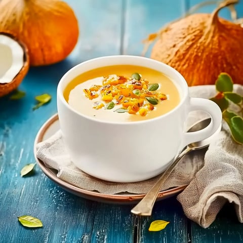 A cup of soup with a spoon in it.