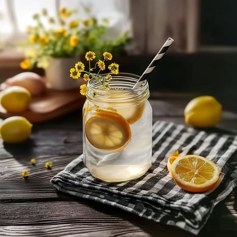 A glass of water with lemon slices in it.
