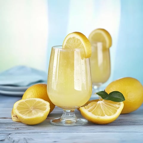 Two glasses of lemonade on a table.