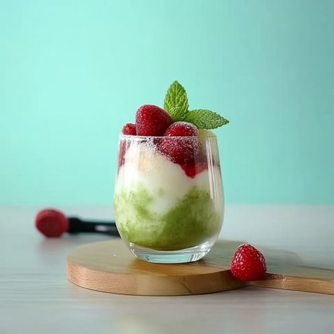 A glass of green tea with strawberries.