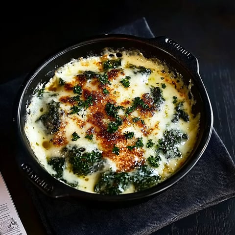 A black bowl filled with broccoli and cheese.