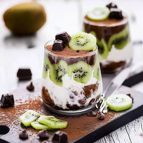 A dessert with kiwi and chocolate.