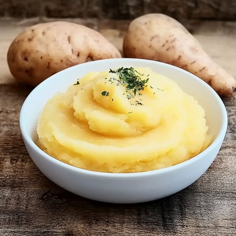 A white bowl filled with a yellow mashed potato dish.