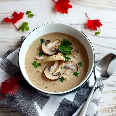 A bowl of soup with mushrooms and a spoon.