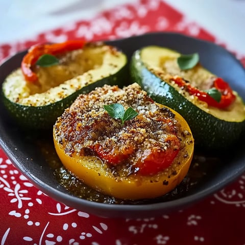 A plate of food with a tomato, zucchini, and pepper.
