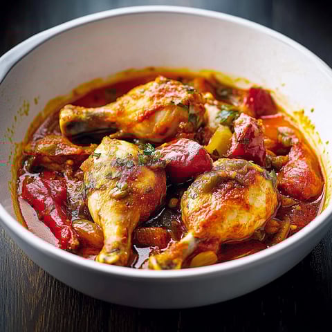 A bowl of chicken and vegetables.