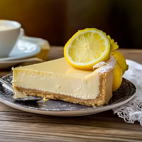 A slice of cheesecake with a lemon on top.