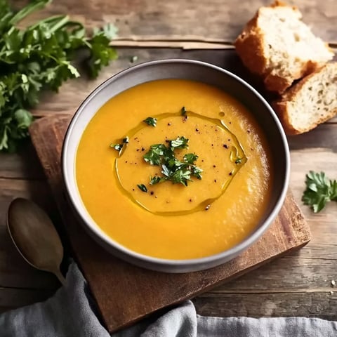 A bowl of soup with a spoon in it.