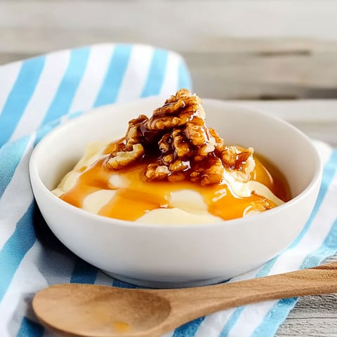 A bowl of yogurt with walnuts and honey.