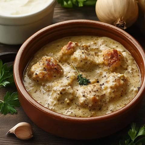 A bowl of chicken with a green herb on top.