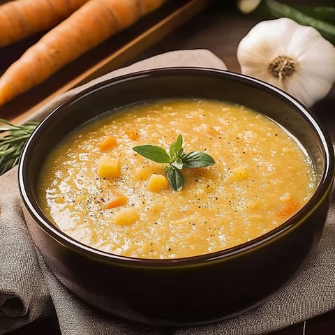 A bowl of soup with carrots and potatoes.