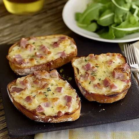 Two slices of bread with cheese and ham on top.