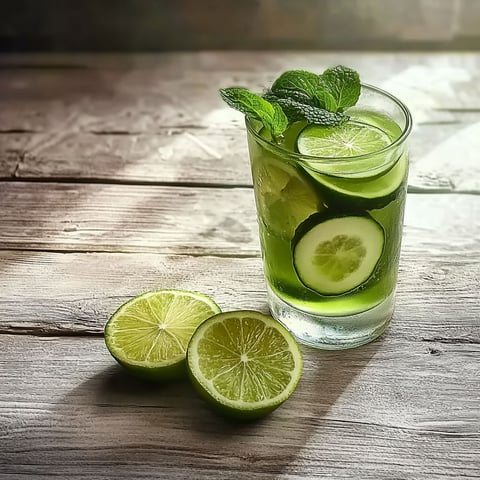 A glass of green drink with slices of lime.