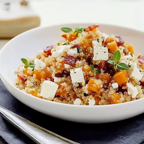 A bowl of quinoa salad with feta cheese and bacon.