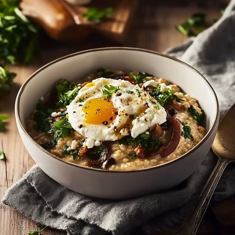 A bowl of porridge with feta and egg on top.
