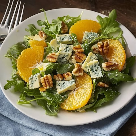 A plate of salad with orange slices, blue cheese, walnuts and spinach.