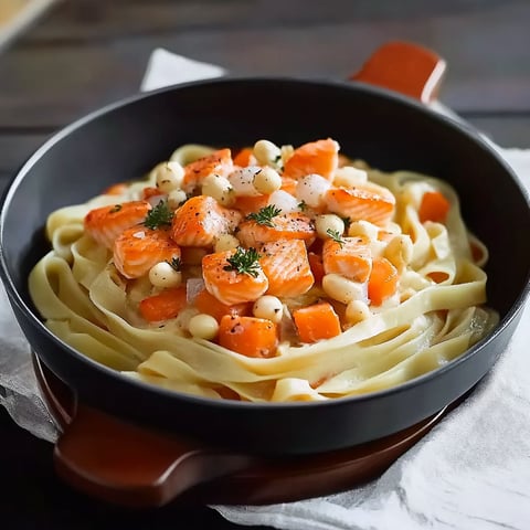 A bowl of pasta with salmon and vegetables.