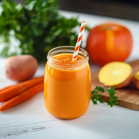 A glass of orange juice with a straw in it.