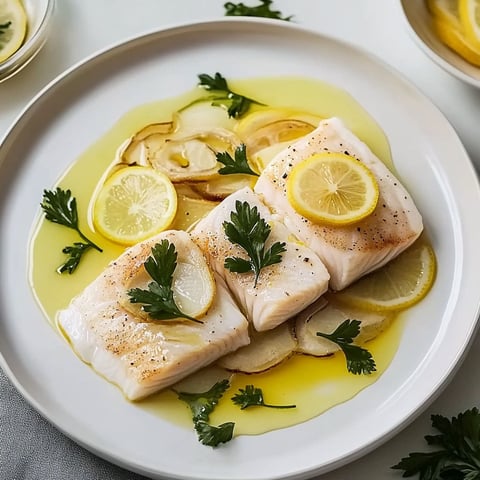 A plate of fish with lemon and herbs.