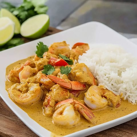 A plate of shrimp in a creamy sauce.