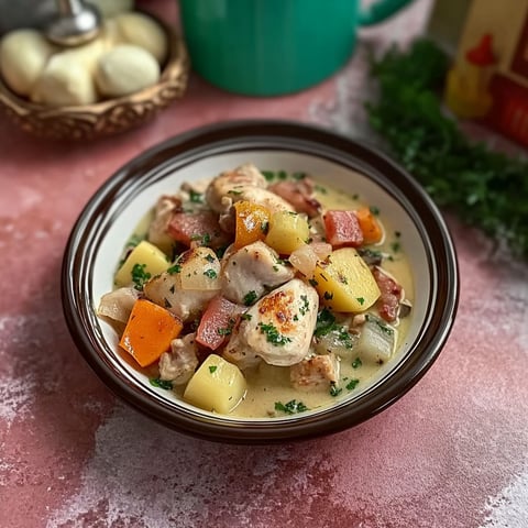A bowl of chicken and vegetables.