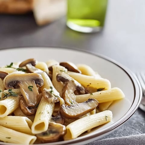 A plate of pasta with mushrooms on top.