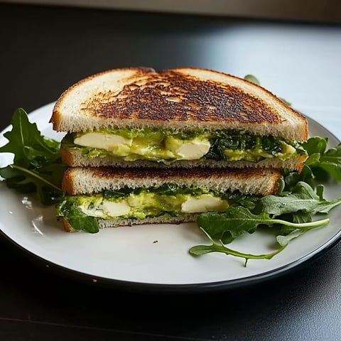 A sandwich with avocado, chèvre, and roquette on a plate.