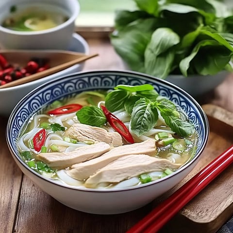 A bowl of Pho Ga with chicken and vegetables.