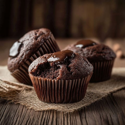 Three chocolate muffins on a table.