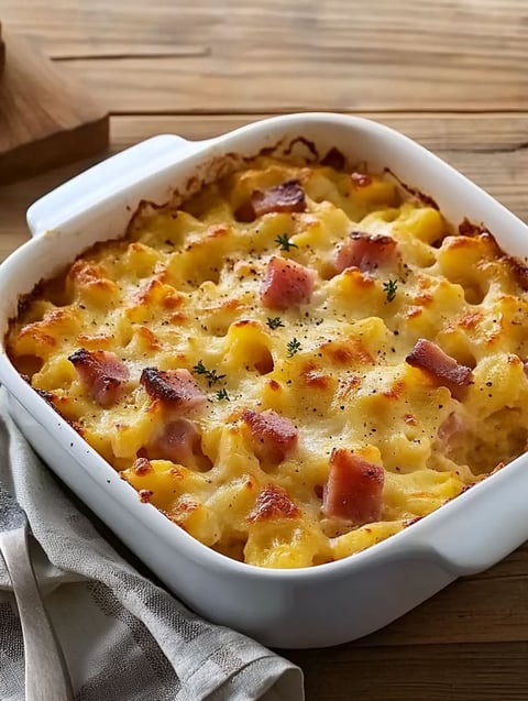 A white bowl filled with a delicious casserole.