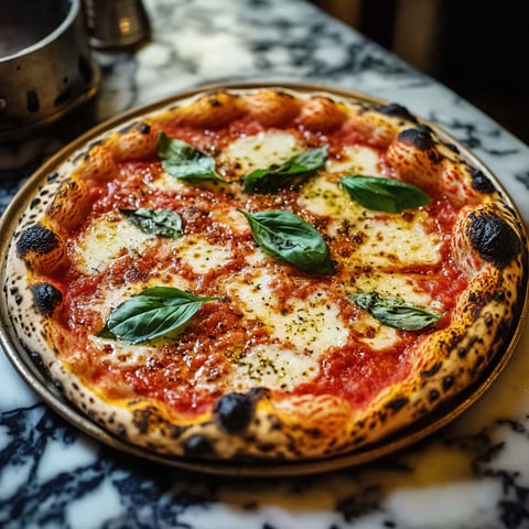 A pizza with basil leaves on top.