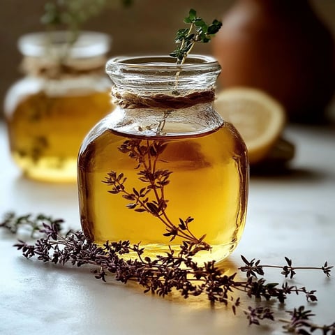 A bottle of Sirop de Thym with a lemon wedge on top.