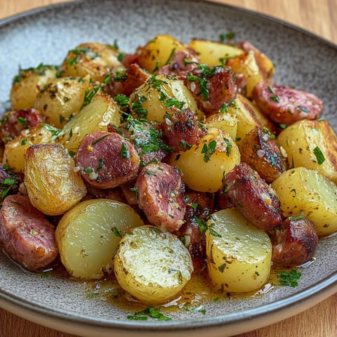 A plate of food with potatoes and sausage.