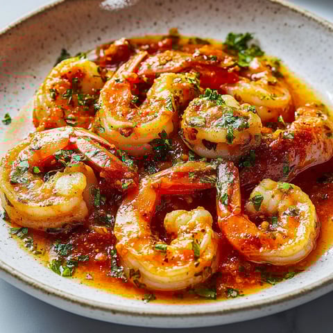 A bowl of shrimp in a tomato sauce.