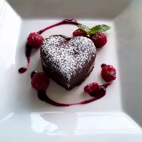 A chocolate heart with raspberries on top.